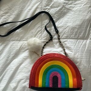 Betsey Johnson Colorful Rainbow bag with pom pom . cross body option